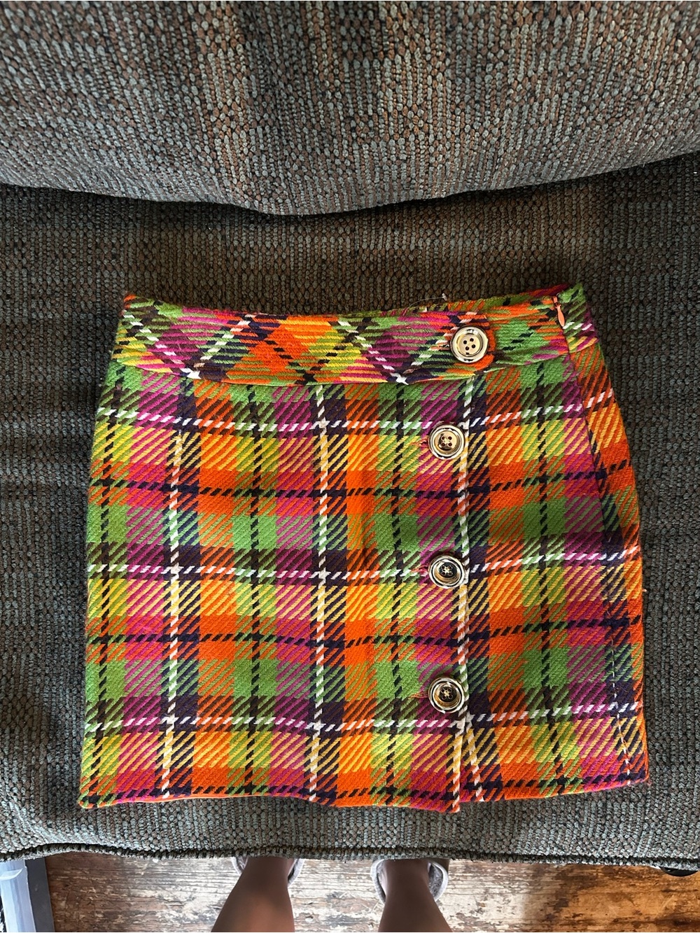 Sara Campbell Neon Plaid Button-Front Mini Skirt - Orange, Green, Pink, Purple